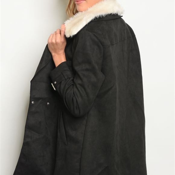 Black faux suede & fur collar Coat - Picture 3 of 5